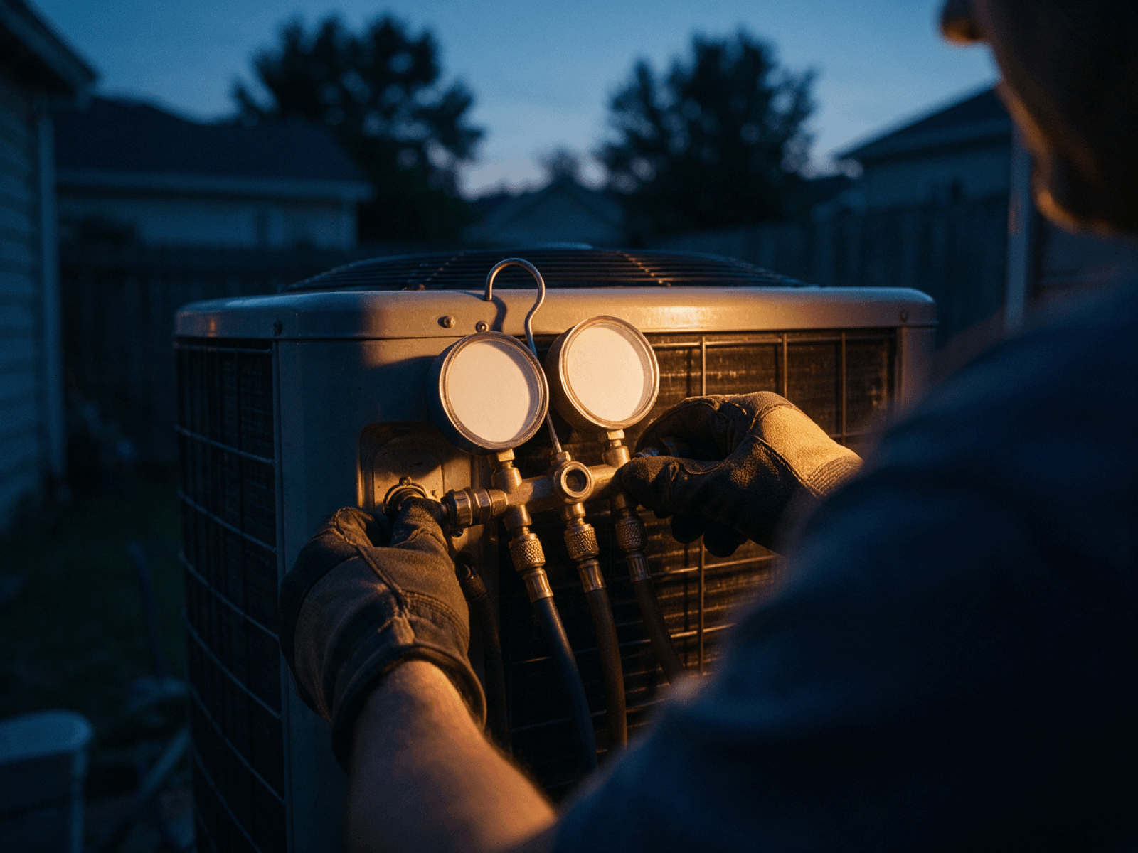 Gloved hands attaching gauges to an outdoor AC unit under warm work light at dusk