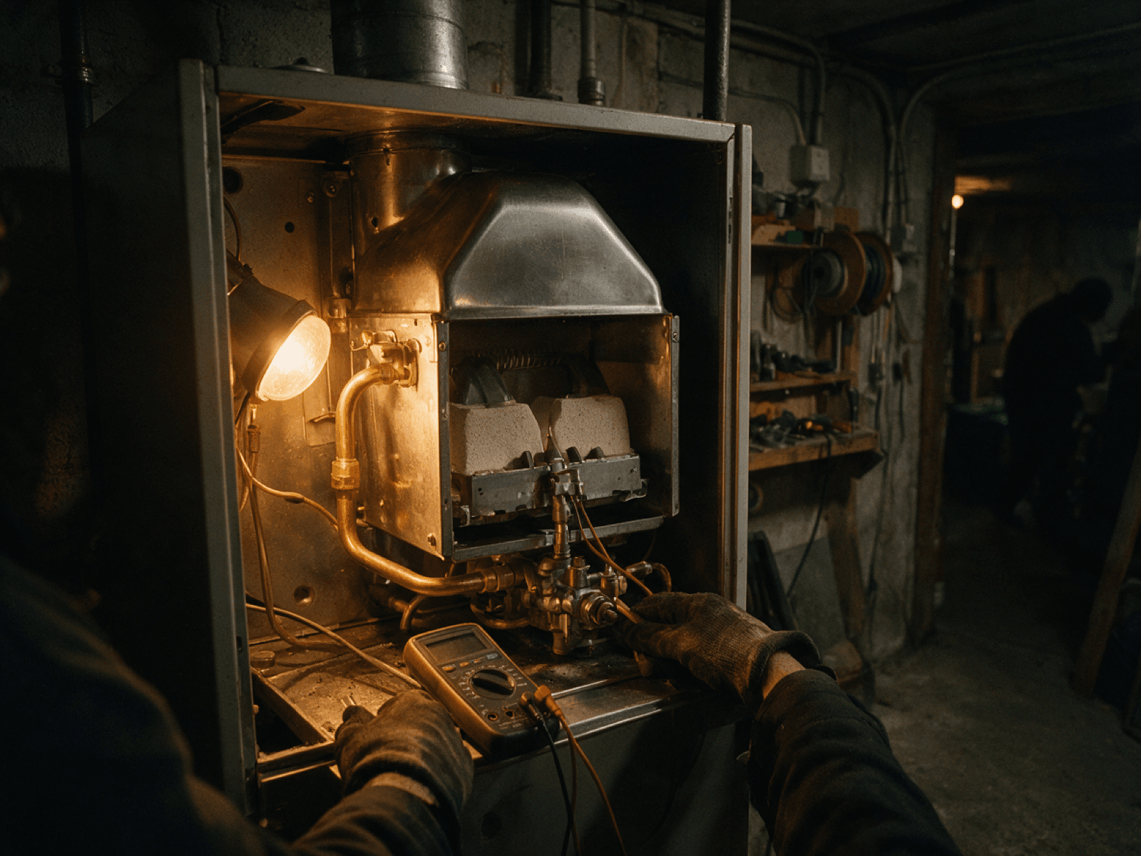 Open residential furnace under amber work light with a multimeter resting on the cabinet