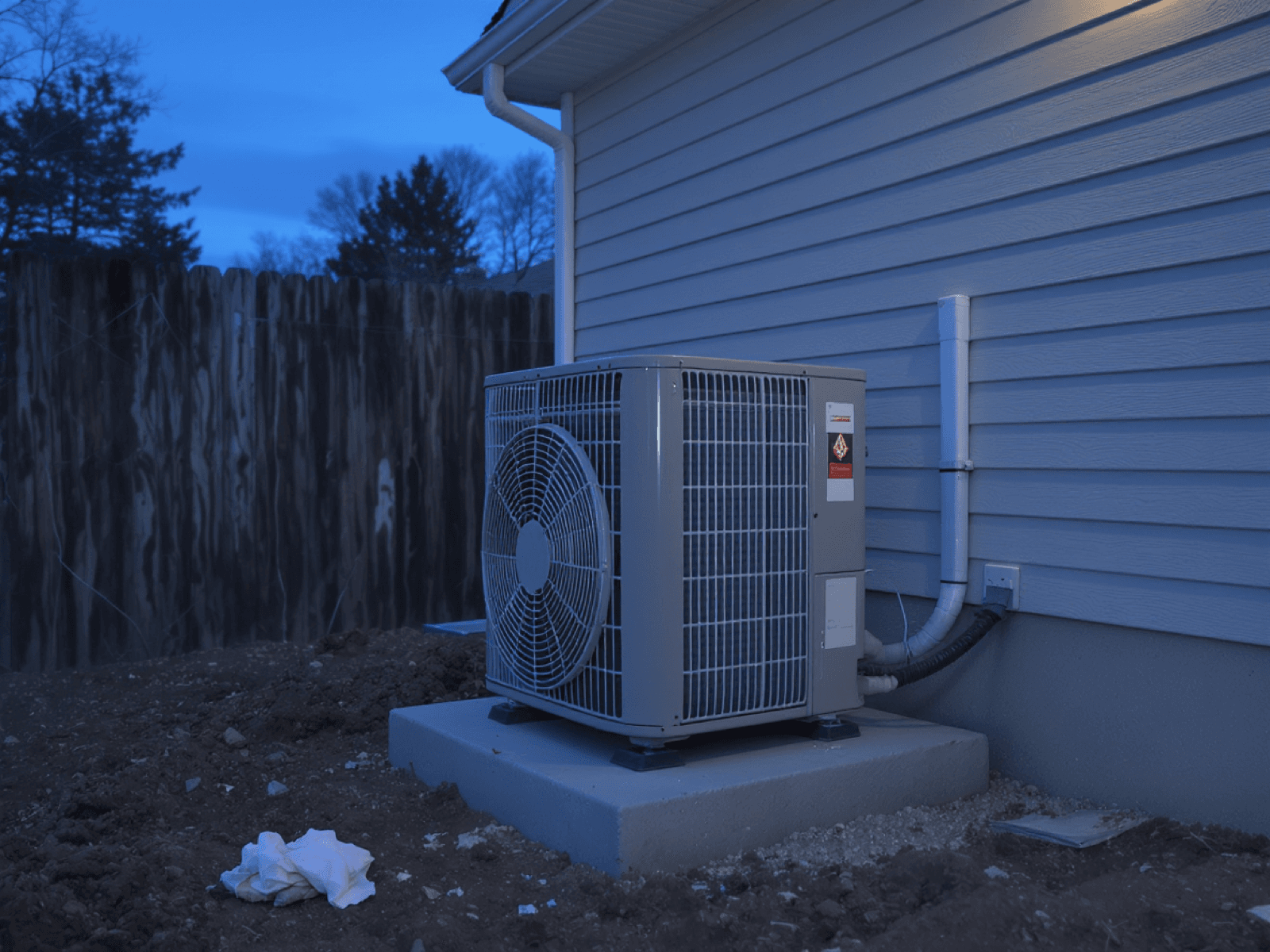 A new heat pump unit being set level on a concrete pad beside a house at dusk