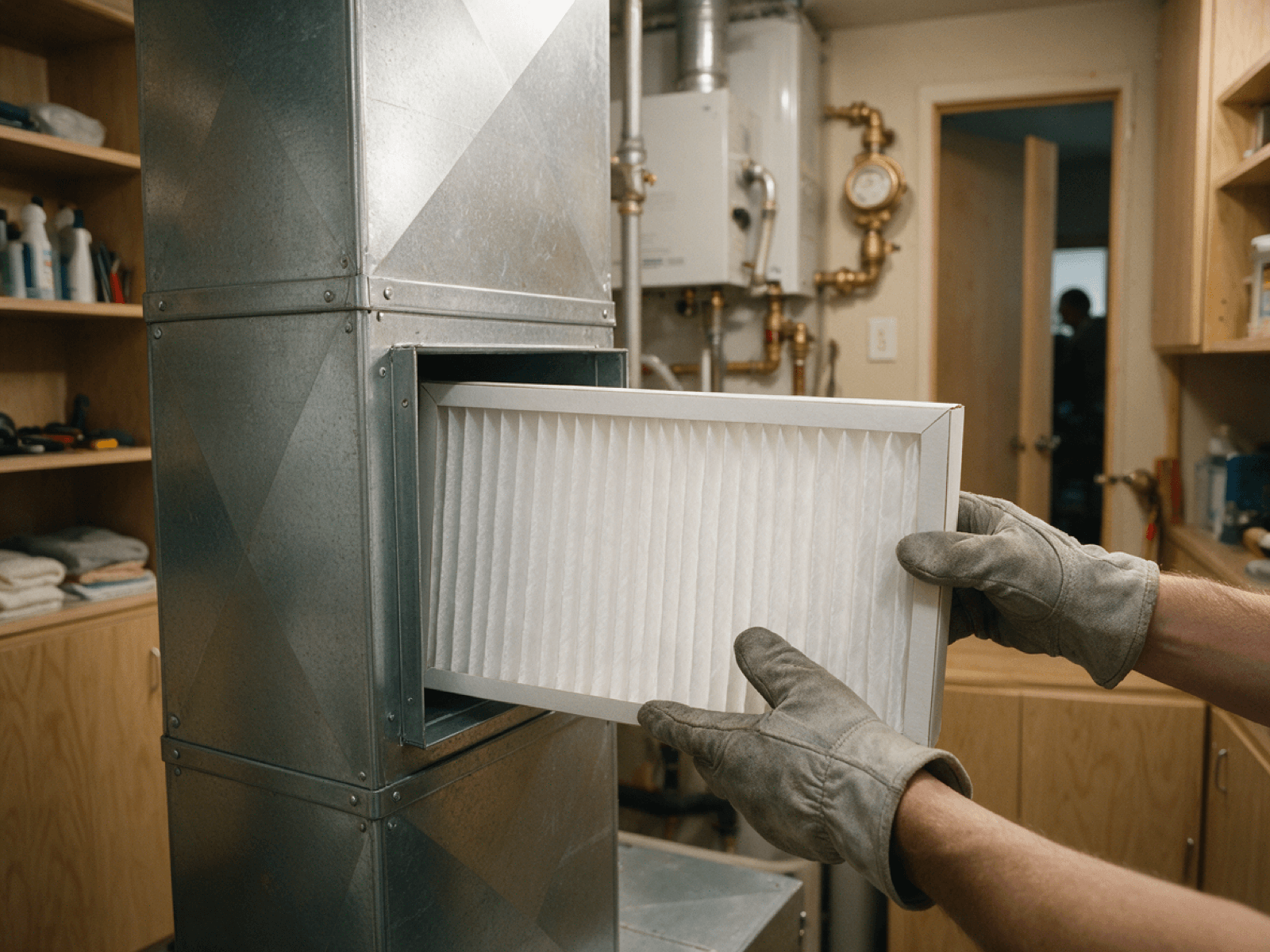A clean pleated air filter being slid into a return duct by gloved hands